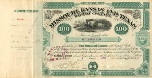Missouri, Kansas and Texas Railway Co - "The Katy" - 1883 dated Stock Transferred to G.M. Dodge but Not Signed